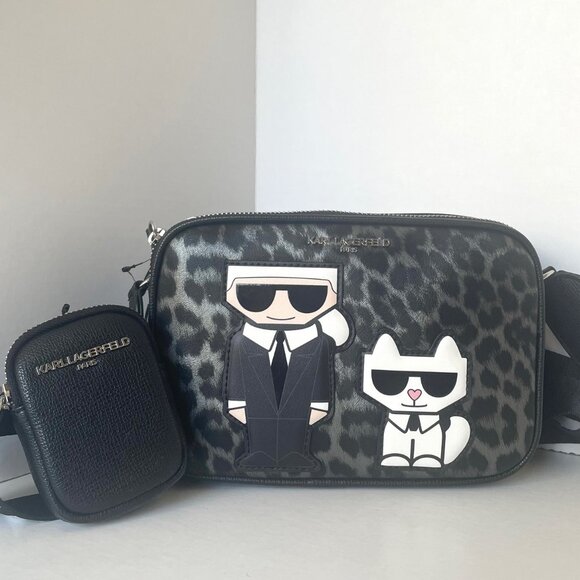 Karl Lagerfeld Maybelle Crossbody Black Ikons Leopard Airpods Coin Case - Picture 1 of 13